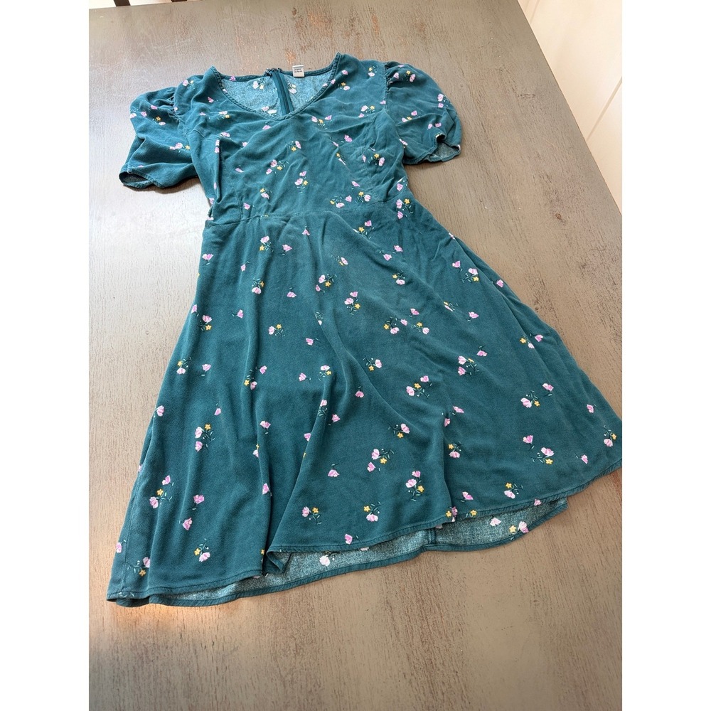 Old Navy Teal Floral V-Neck Fit and Flare Mini Dress Large Green Pink Rayon